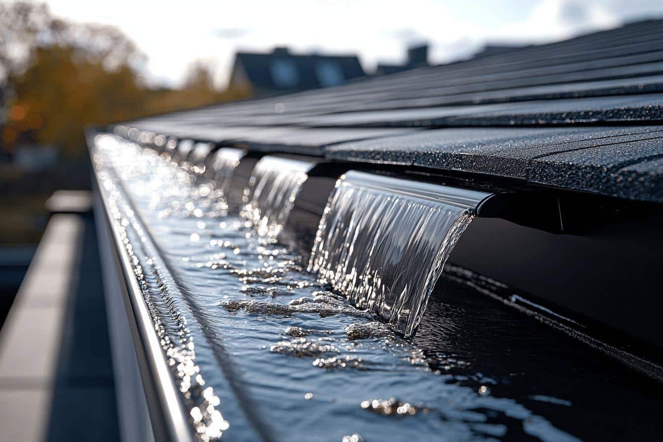 Gros plan de l'eau ruisselant dans une gouttière métallique