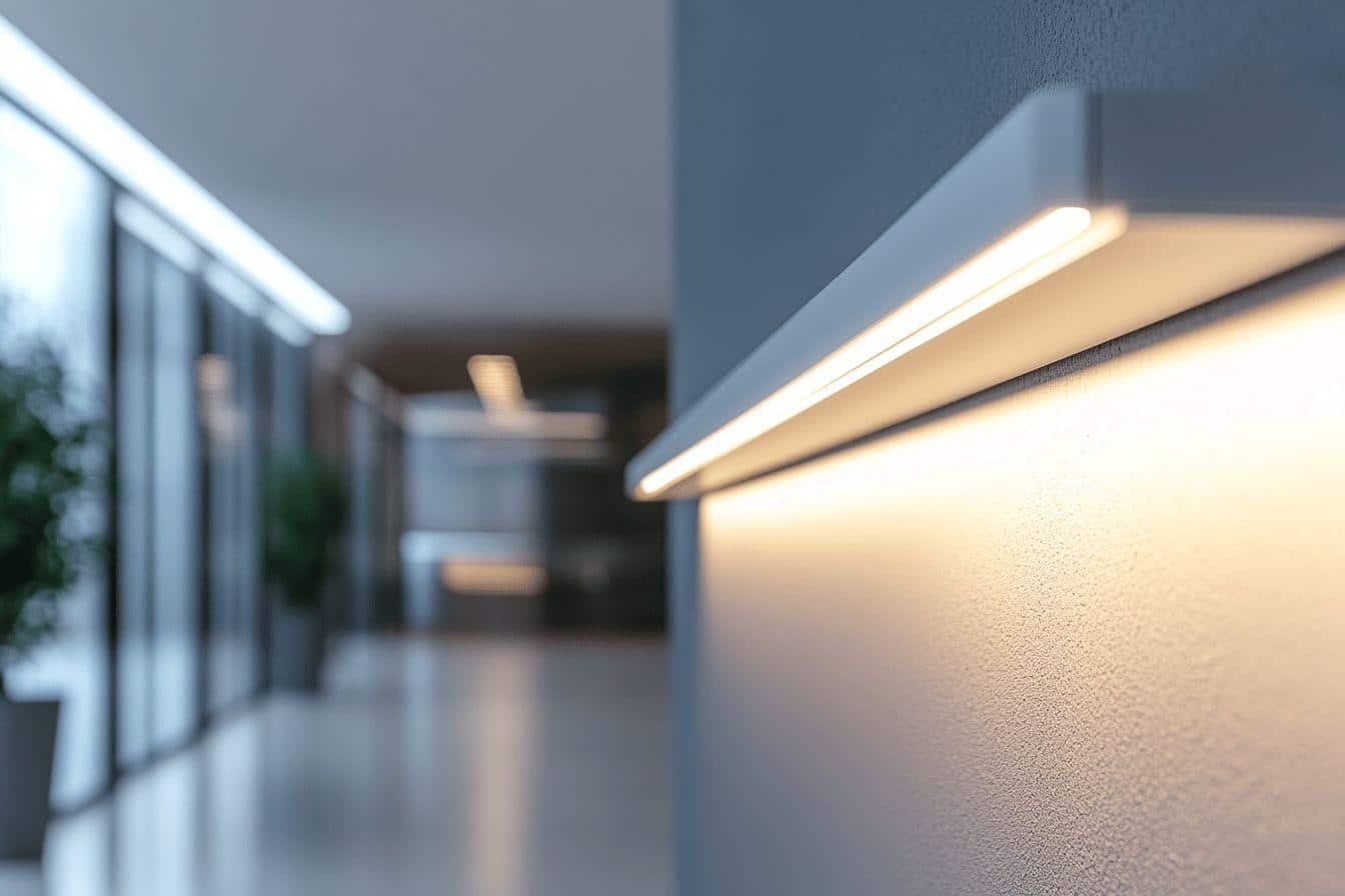 Luminaire design blanc et chaud le long d'un mur texturé