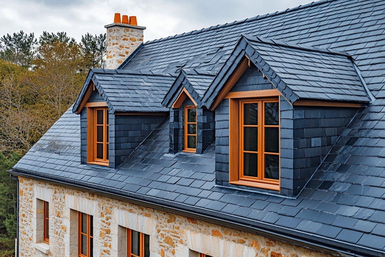Toiture ardoise avec lucarnes et cheminée sur mur en pierre