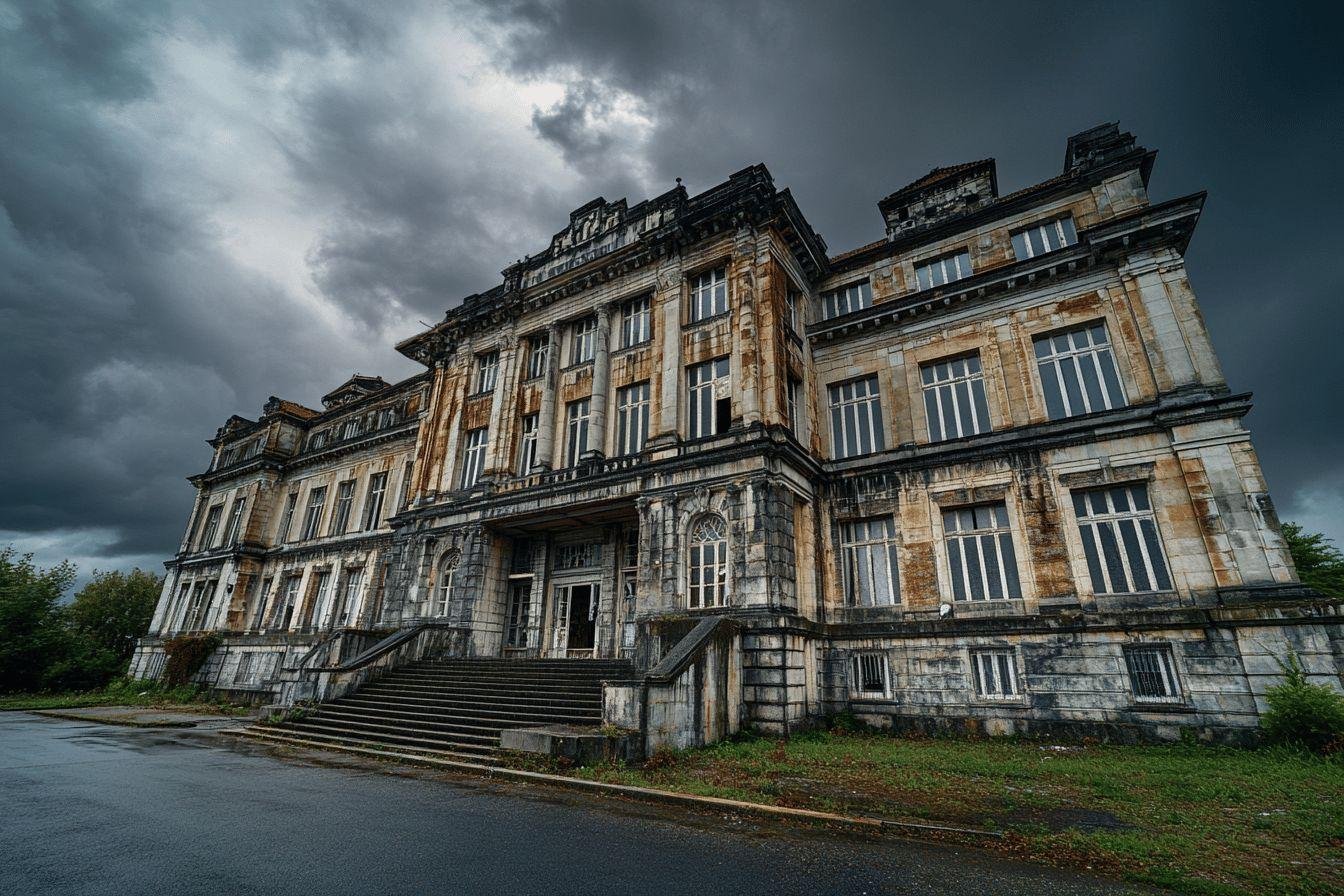 Grand bâtiment délabré avec escalier et fenêtres, nuages menaçants