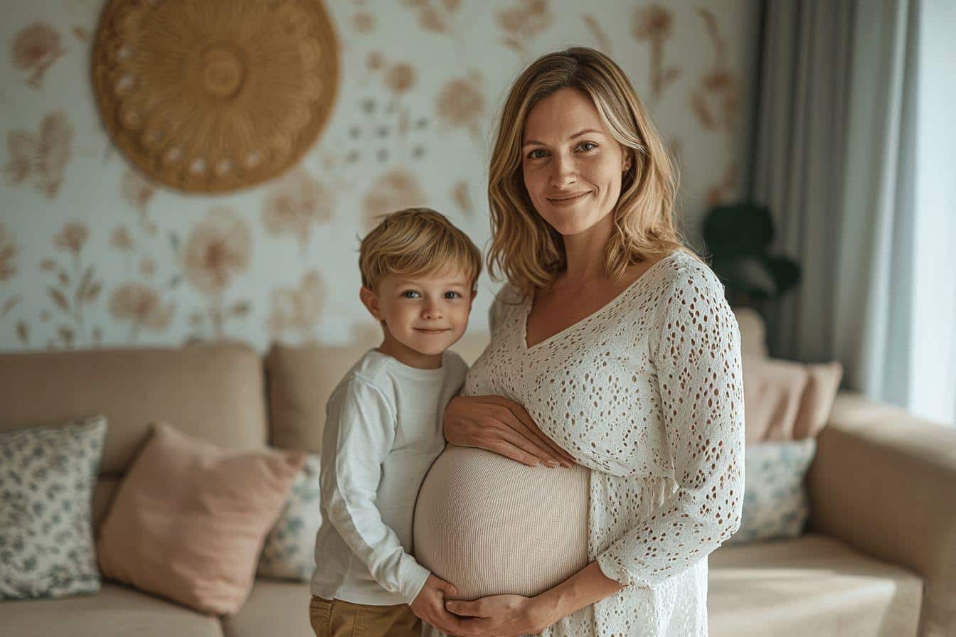 Femme enceinte et petit garçon souriant ensemble à la maison