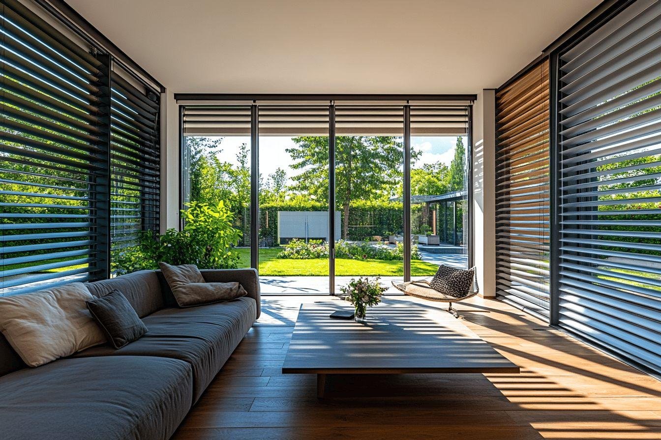 Intérieur lumineux avec canapé gris et stores vénitiens