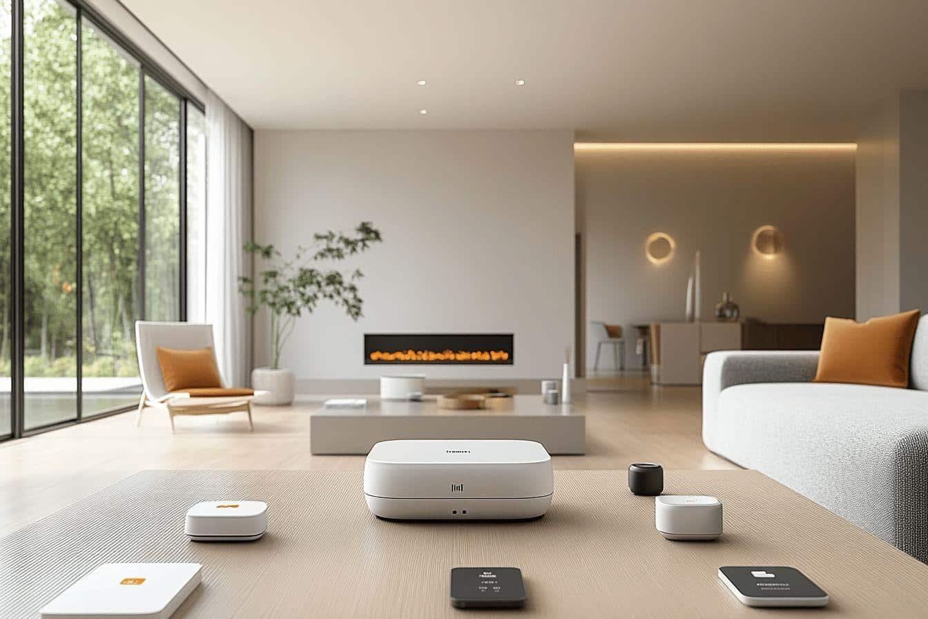 Intérieur minimaliste avec appareils technologiques et cheminée